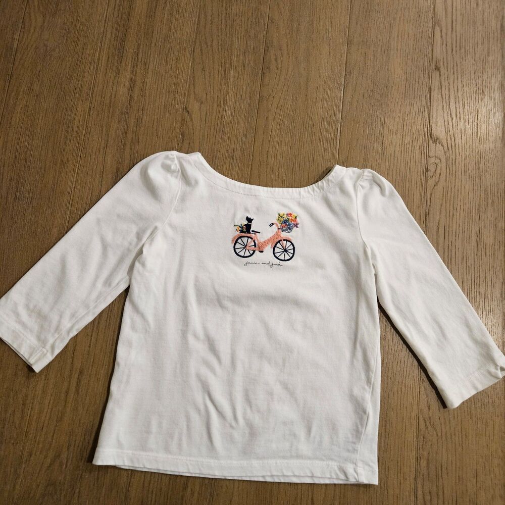 Janie and Jack White Long Sleeve 3/4 Shirt With Bicycle and Dog Girl Size 10